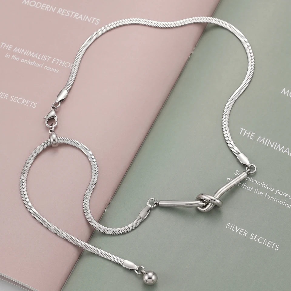 Dainty Silver Knotted Snake Chain Necklace for Women Adjustable Pull Ball Design Waterproof Minimalist  Jewelry  Gift
