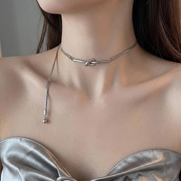 Dainty Silver Knotted Snake Chain Necklace for Women Adjustable Pull Ball Design Waterproof Minimalist  Jewelry  Gift