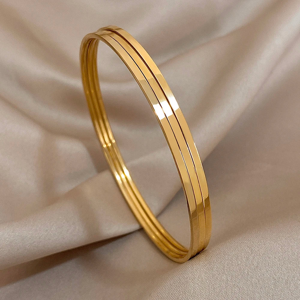 3Pcs/set 316L Stainless Steel Waterproof Cuff Bangle Bracelets For Women Men New Gold-plated Wrist Glossy Charms Jewelry Gifts