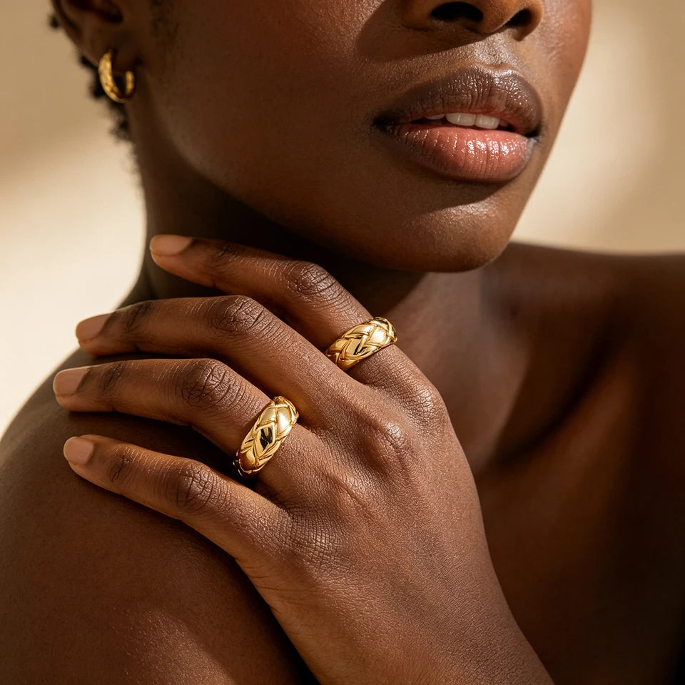 Trendy Gold Plated Quilted Dome Rings Minimalist Stackable Chunky Band Finger Ring for Women Everyday Wear Jewelry Gift Anillos