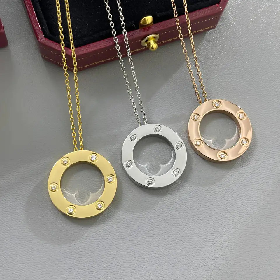 Women Necklace Titanium Steel No Fading Circle Pendant Necklace Inlaid Cubic Zirconia Dainty Minimalist Jewelry for Women