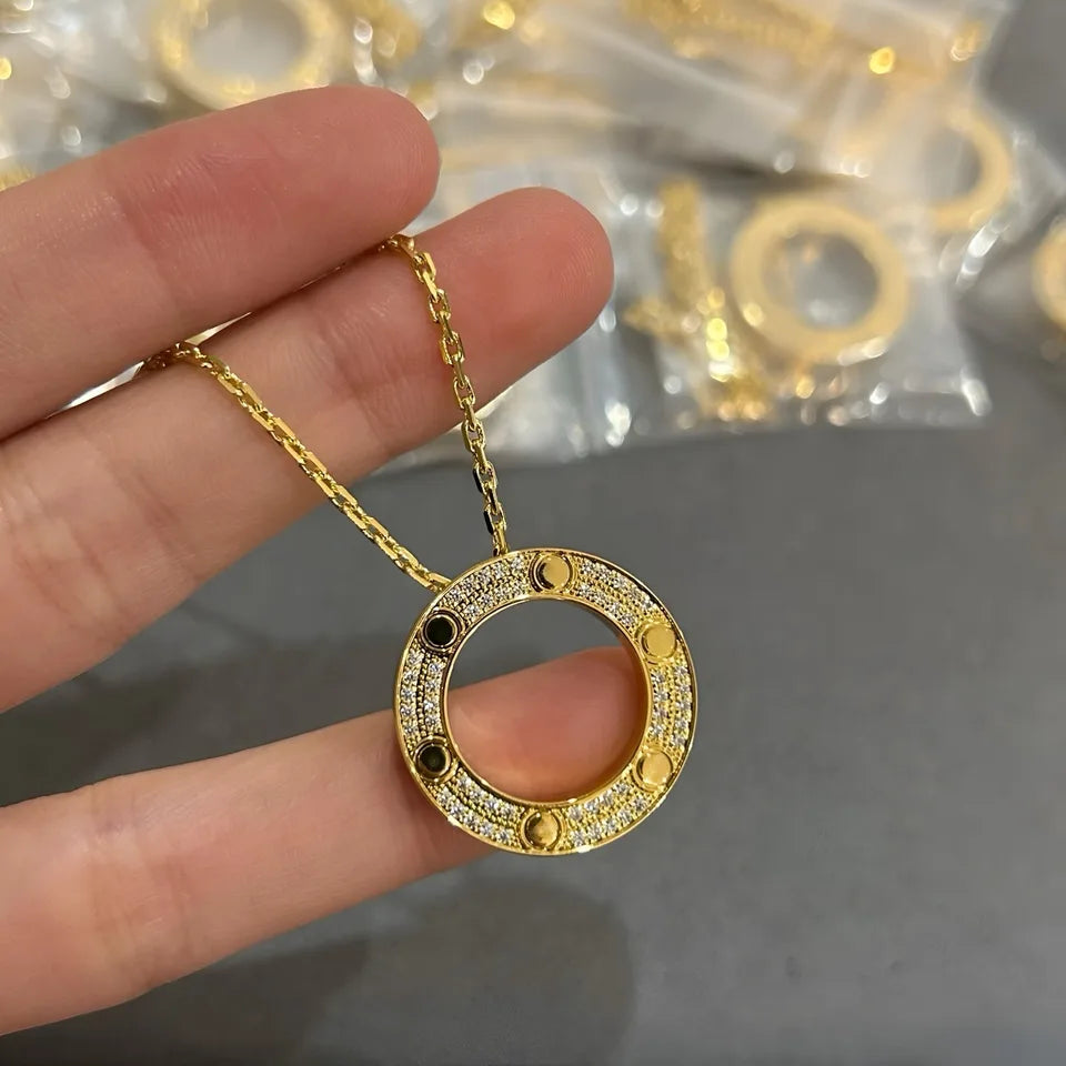 Women Necklace Titanium Steel No Fading Circle Pendant Necklace Inlaid Cubic Zirconia Dainty Minimalist Jewelry for Women