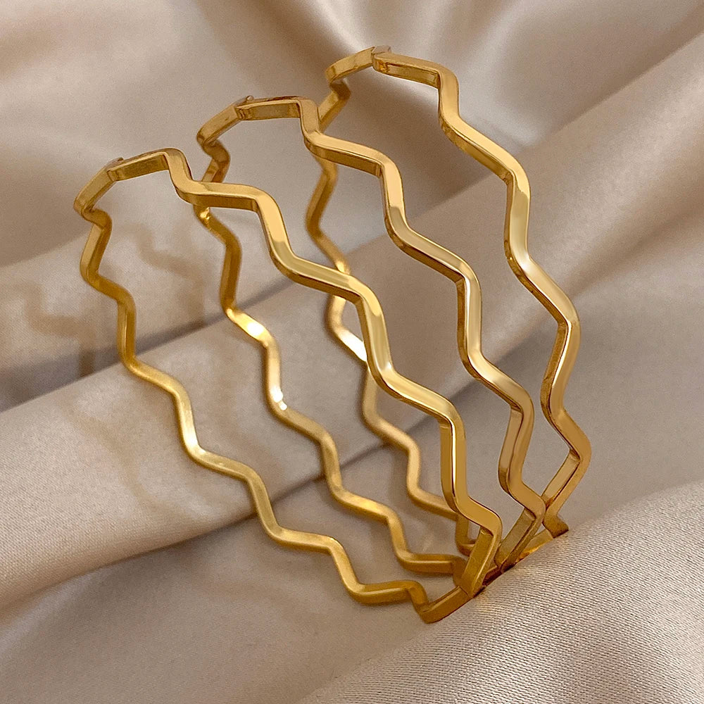 3Pcs/set 316L Stainless Steel Waterproof Cuff Bangle Bracelets For Women Men New Gold-plated Wrist Glossy Charms Jewelry Gifts
