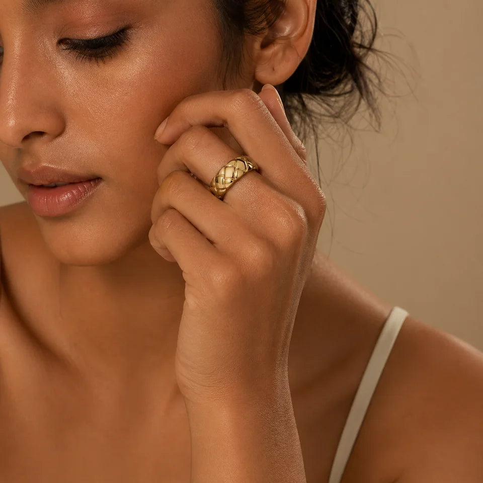 Trendy Gold Plated Quilted Dome Rings Minimalist Stackable Chunky Band Finger Ring for Women Everyday Wear Jewelry Gift Anillos