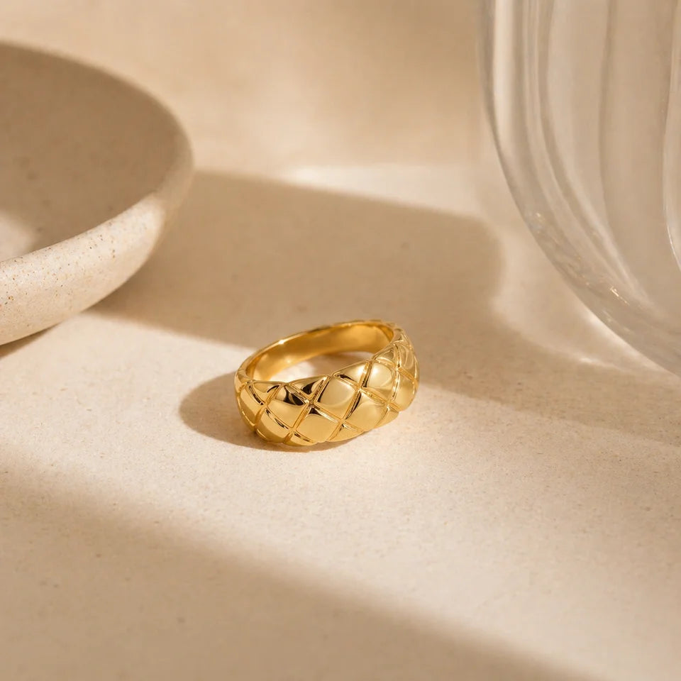Trendy Gold Plated Quilted Dome Rings Minimalist Stackable Chunky Band Finger Ring for Women Everyday Wear Jewelry Gift Anillos