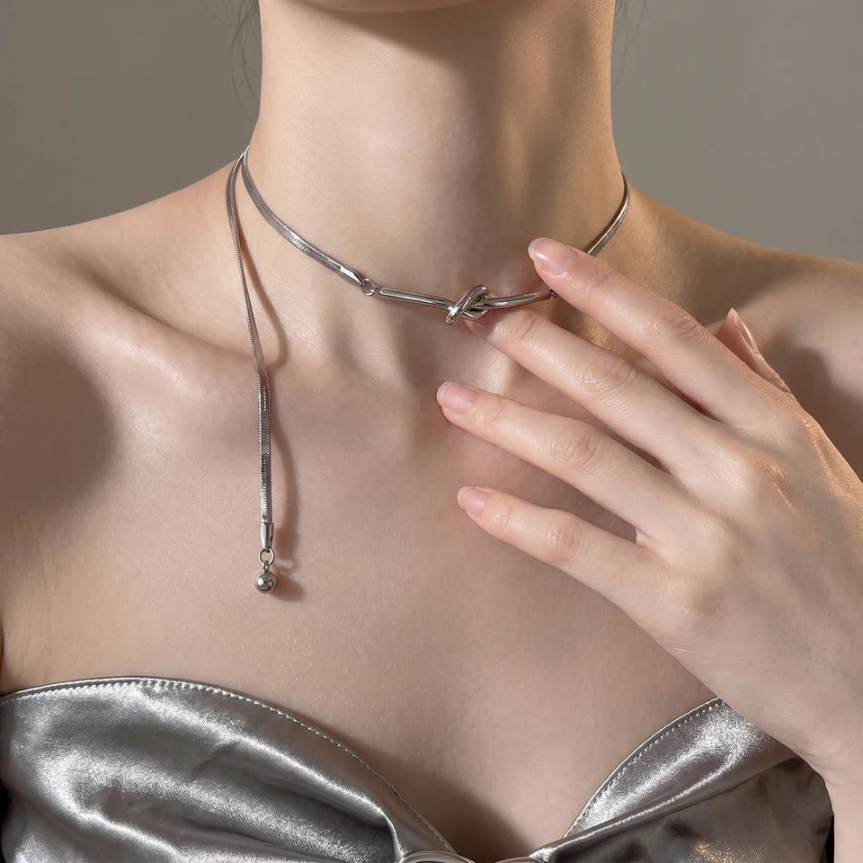 Dainty Silver Knotted Snake Chain Necklace for Women Adjustable Pull Ball Design Waterproof Minimalist  Jewelry  Gift