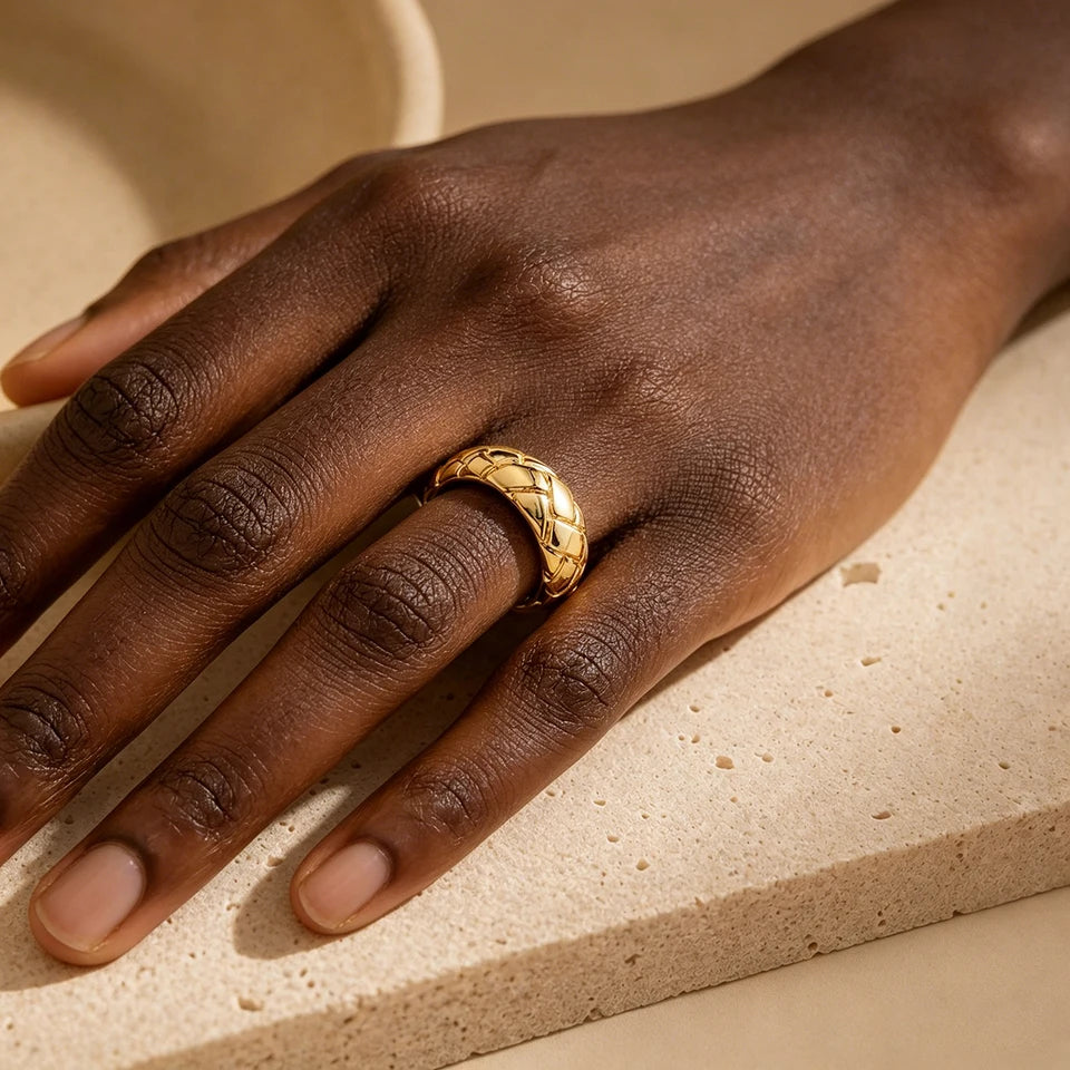 Trendy Gold Plated Quilted Dome Rings Minimalist Stackable Chunky Band Finger Ring for Women Everyday Wear Jewelry Gift Anillos