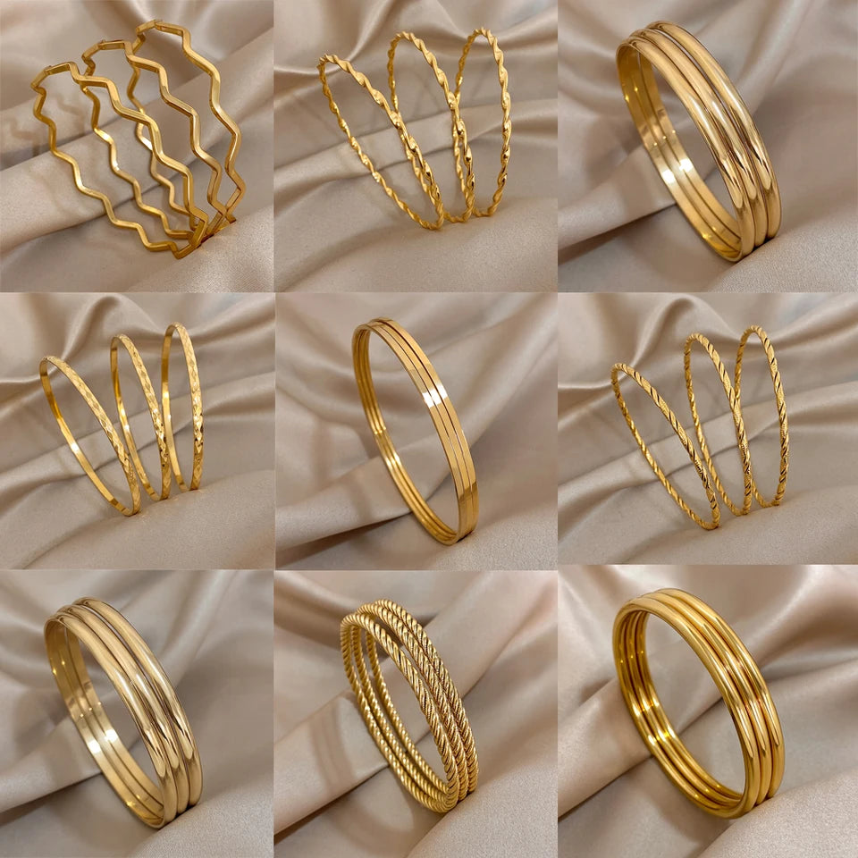 3Pcs/set 316L Stainless Steel Waterproof Cuff Bangle Bracelets For Women Men New Gold-plated Wrist Glossy Charms Jewelry Gifts